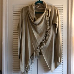Tan wrap-front fringe cardigan